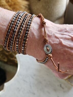 VICTORIA EMERSON Leather And Metal Beaded Wrap Bracelet/strap (Tan and Pewter)